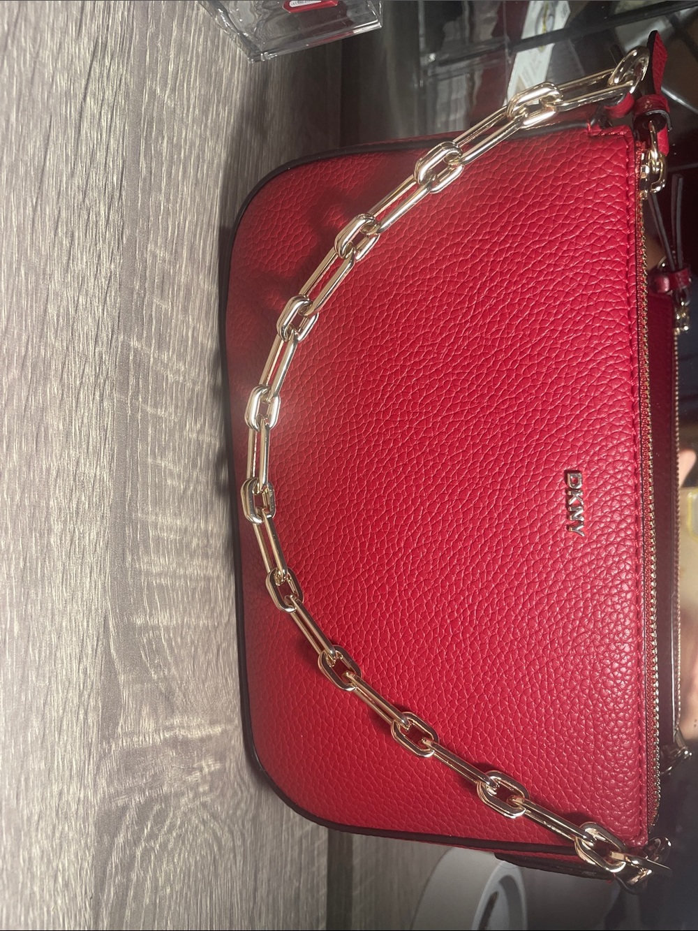 DKNY Red Pebbled Leather Crossbody with Gold Chain Strap